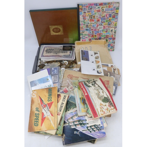 506 - Assorted quantity of stamps, coins, banknotes, cigarette and teacards etc