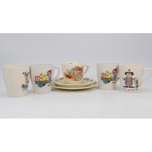 87A - Royal Doulton Bunnykins cup, saucer and side plate, together with four vintage children's cups.