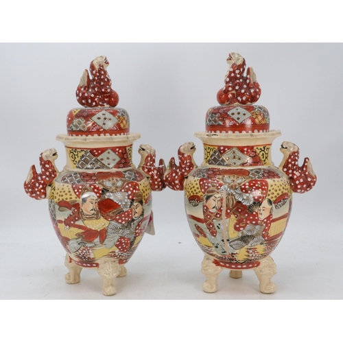 410 - Pair of Japanese satsuma Koru's both with lids (a/f) (approx. 36cm tall)