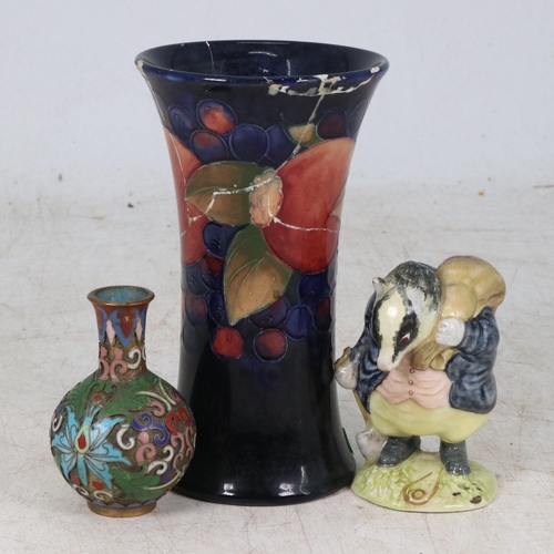 13 - Beatrix Potter's Tommy Brock by Beswick, small Cloisonne vase together with a Moorcroft vase (damage... 