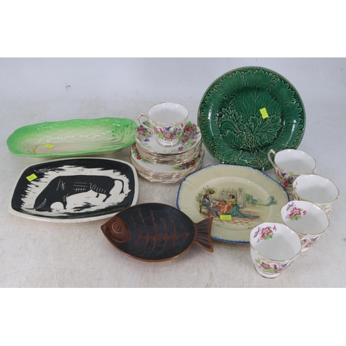 33 - Selection of ceramics including a fish dish, black and white tray, plates and a part Royal Albert te... 