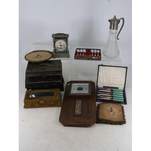 42 - Metal cash box, another similar, velvet covered jewellery box, wall barometer, clock and more