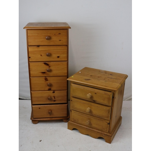 175 - A small three drawer pine chest (50w x 39d x 61cmh) and a tall 6 drawer pine chest (45w x 41d x 108c... 