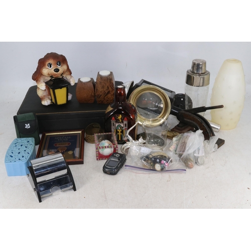 219 - Carton of collectables and curios to include carriage lamp, Tallent chrome cigarette dispenser etc