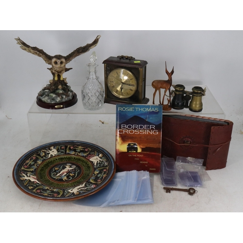 223 - A mixed lot of sundries to include; a pair of binoculars, clock, wall hanging charger, resin model o... 