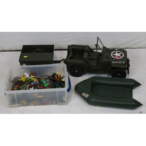 40 - A collection of toy soldiers, animals and an Action Man Jeep, trailer and boat.