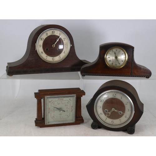 104 - Three vintage mantle clocks and a barometer.