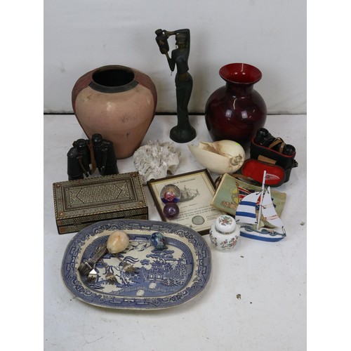 207 - Quantity of mixed sundries to include; two pairs of binoculars, a spelter figure, two large jars, on... 