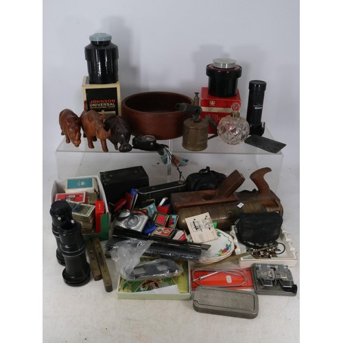 247 - Quantity of sundries to include vintage cameras, matchbooks, playing cards, teak animals and a box o... 