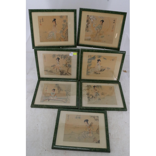 143A - Seven framed Japanese watercolours on silk.