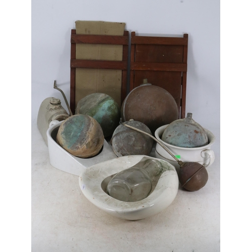 248 - A quantity of various stone douche pans, guzunder and vintage copper ball-cocks.