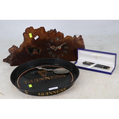 141 - Waterman fountain pen and matching ball point in case, Guinness tray, polished natural piece of wood... 