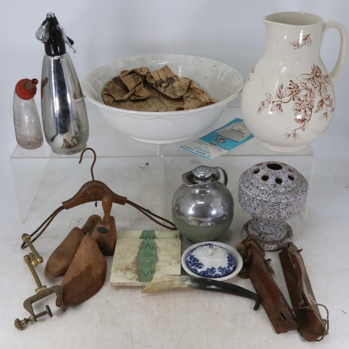 143B - A mixed lot sundries to include jug and basin, antique (?) ice skates, household items etc..