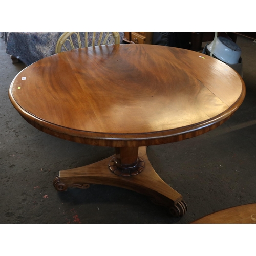 144 - Mahogany circular tilt top breakfast table measures approx. 47'' dia x 29'' H