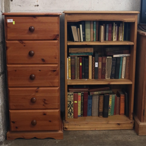 77 - Pine narrow chest of five drawers together with a pine open bookcase with adjustable shelves. Chest ... 