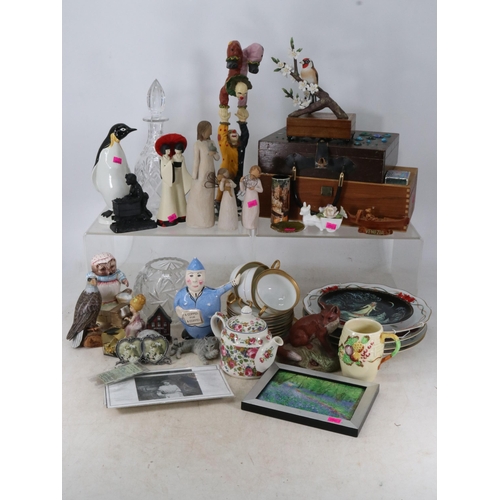 271 - Assortment of sundries to include a Poole penguin, wooden boxes, Staffordshire pottery, figures plat... 