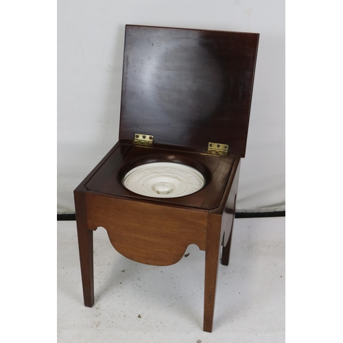 38A - A mahogany commode with pot and lid together with an embroidered stool and rustic stool.