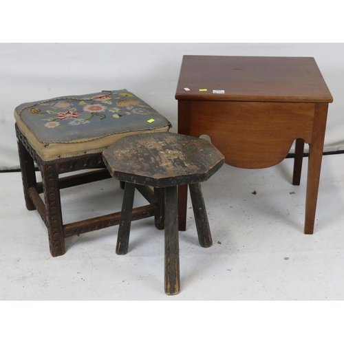 38A - A mahogany commode with pot and lid together with an embroidered stool and rustic stool.