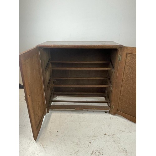 156 - Low vintage oak cabinet fitted three shelves for shoes inside. approx. 76cm w 36cm deep x 77cm t