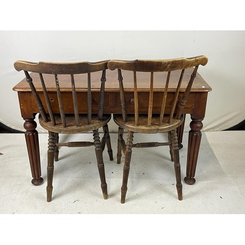 169 - Antique two drawer mahogany table together with two elbow chairs. table approx 104cm w x 50c, deep x... 