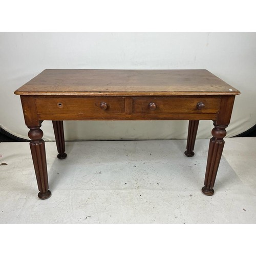 169 - Antique two drawer mahogany table together with two elbow chairs. table approx 104cm w x 50c, deep x... 