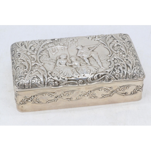 3 - Silver hallmarked cigarette box, raised embossed detail of a minstrel playing to young ladies hallma... 