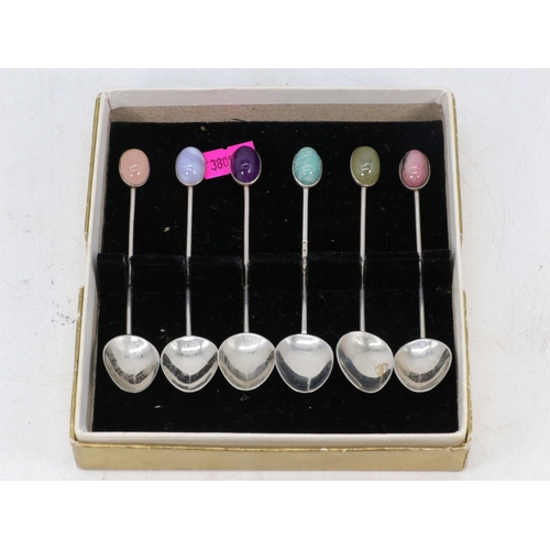 4 - Six silver spoons with decorated coloured stones to the top of the handles