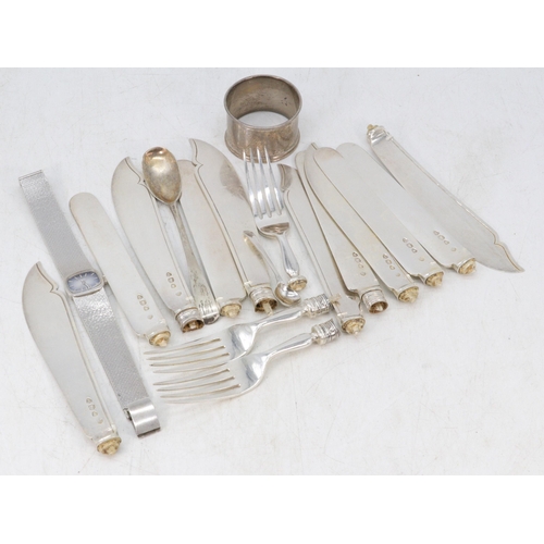 17 - Silver cocktail watch, silver napkin ring and a quantity of hallmarked (scrap) silver fork ends and ... 