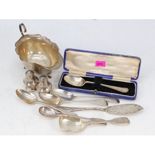 36 - Cased silver christening spoon, silver sauce boat, pair of small silver salt and pepper and assorted... 