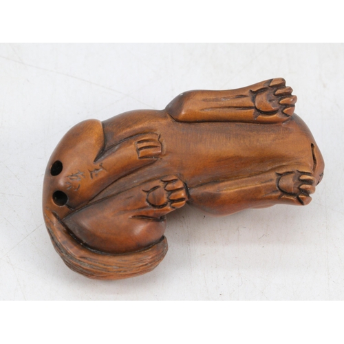 50 - Carved wooden Japanese Netsuke cat, signed to base