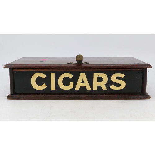 97 - Antique mahogany counter top Cigar box with glass lettered front.