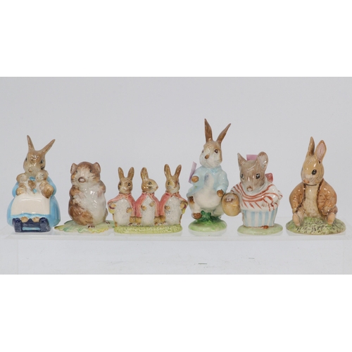 109 - Six Beswick beatrix potter figures, Peter Rabbit, Mrs Rabbit and Bunnies, Benjiman Bunny, Flopsy Mop... 