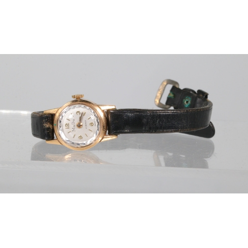 150 - 18ct gold cased ladies Mudu cocktail watch witrh leather strap.