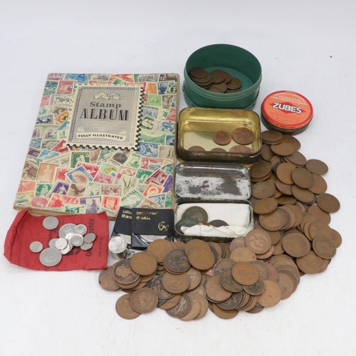 205 - Tin of assorted Antique and later GB pennies together with a School boy stamp album