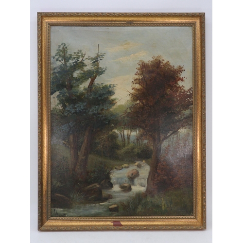 245 - Pair of framed oil on canvas pictures depicting country scene with running water and a waterfall