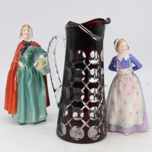 259 - 2 Royal Doulton figurines Jean HN2032 and Susan together with Ruby flash cut jug