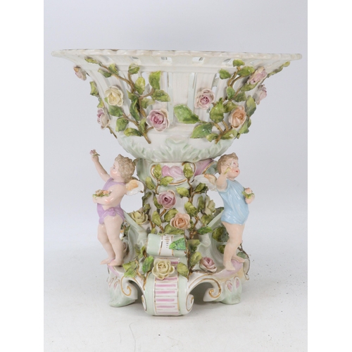 269 - Large Dresden style table centre piece bowl supported on a central column and three cherubs