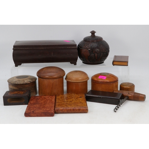 270 - A Bakelite cigarette box, together with treen and wooden carved items