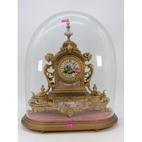 289 - Antique French mantle clock with porcelain panels, Japy Freres under glass dome