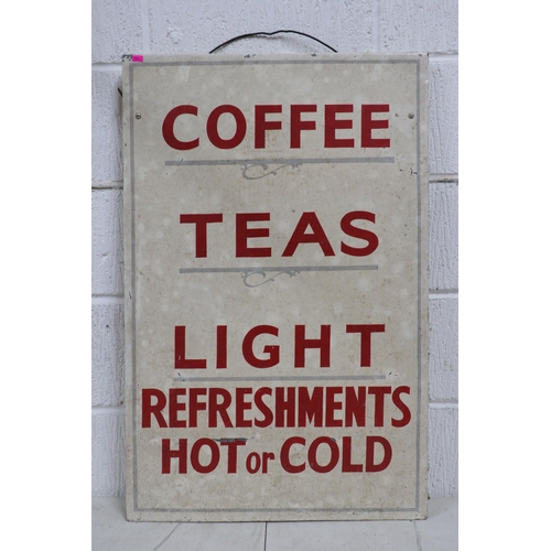 296 - Two vintage cafe metal signs and a plastic private parking sign