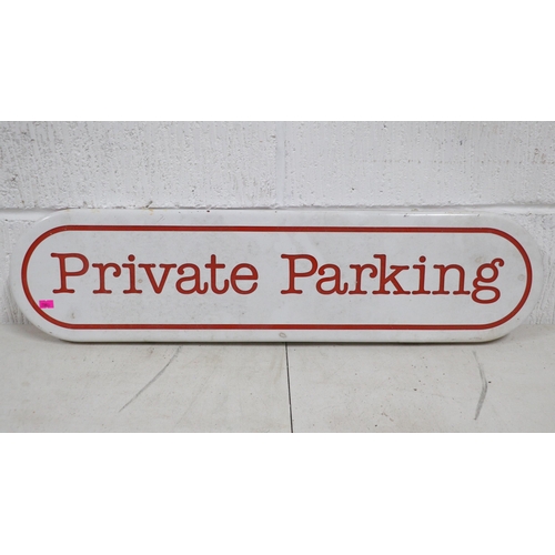 296 - Two vintage cafe metal signs and a plastic private parking sign