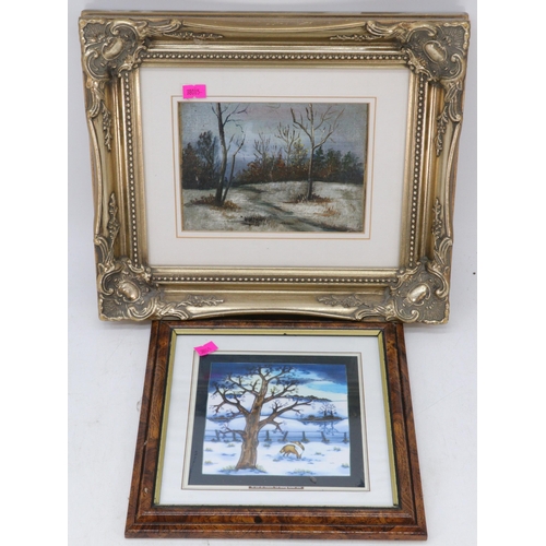 307 - Gilt framed Oil painting together with a Winter scene and fox picture