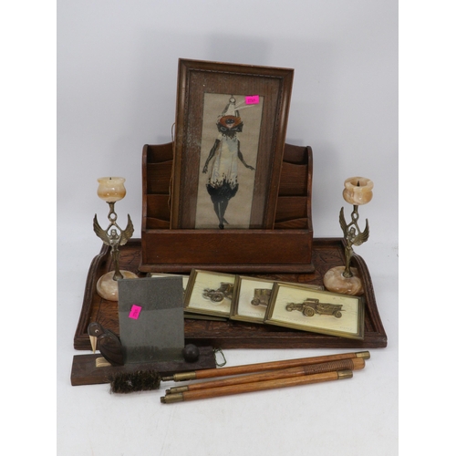 339 - Two handled wooden tray, letter rack, pair of onyx topped candlesticks and a framed silk? Clown, Cos... 