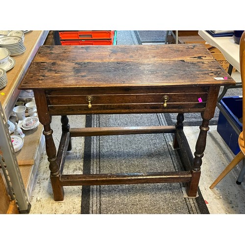 382 - Antique plank top lowboy fitted single drawer on turned legs. Approx. 89cm wide x 48cm deep  x 71cm ... 