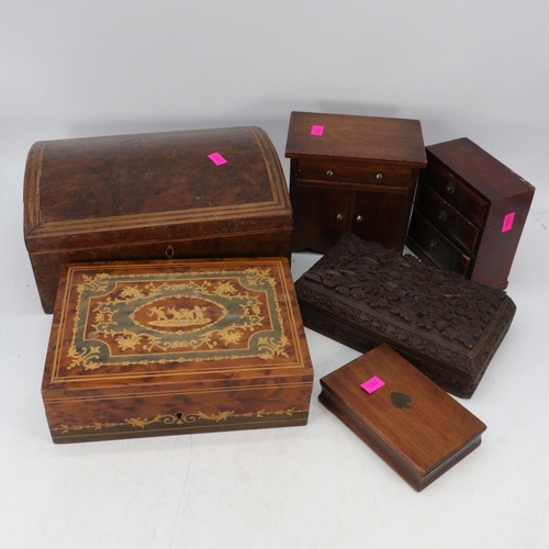 387 - Walnut dome topped jewellery box, together with a small lacquered chest of drawers, carved box etc