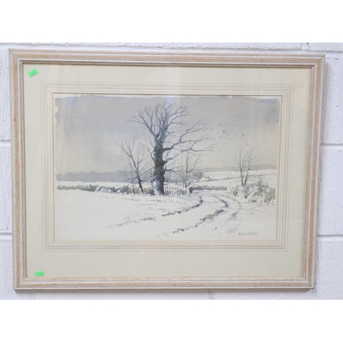 414 - Alwyn Crayshaw (B.1934) watercolour of a winter scene, frame measures approx. 76cm x 59cm h