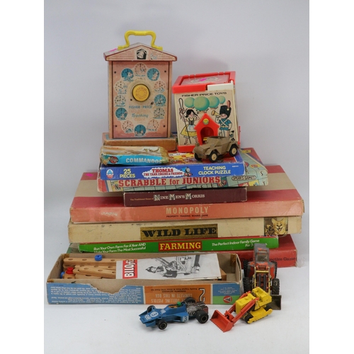 418 - A selection of vintage games to include Monopoly, Cluedo, Fisher Price teaching clock and other toys