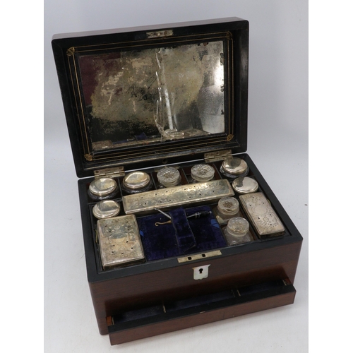 433 - Victorian ladies travel vanity case, with silver plated and glass fittings and concealed jewellery d... 