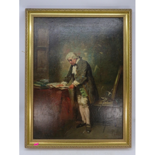 437 - A framed oil on board 18th century scene of a man reading in a gilt frame, signature indistinct meas... 