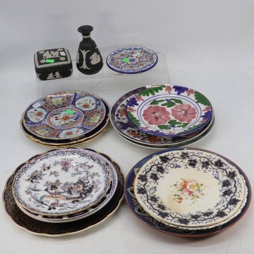 484 - Selection of decorative plates including Derby, continental together with Wedgwood Basalt